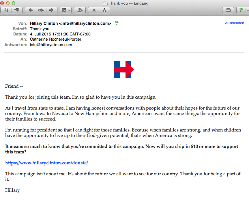Second reminder email from Hillary Clinton