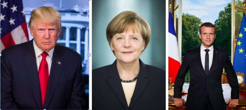 Officials portraits of Trump, Merkel, and Macron