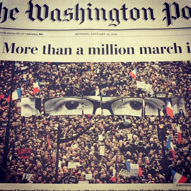 The Washington Post covers on Monday, Jan. 12th. More than a million march in Paris