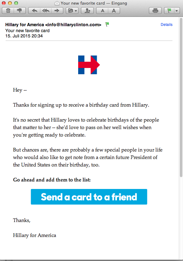 Email from Hillary - Thanks for signing up to receive a birthday card from Hillary